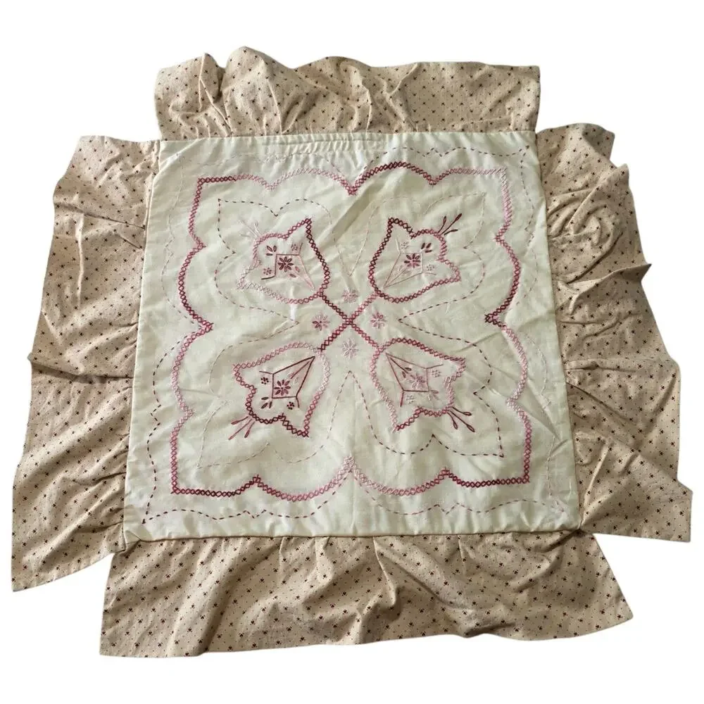 Amish Handmade Embroidered Pillow Cover 16x16 Pink Hearts Ruffle Cottagecore
